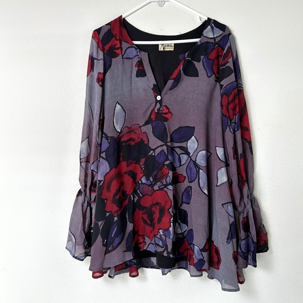 Show Me Your MUMU‎ Top Size M Purple Floral Long Sleeve V Neck Blouse USA